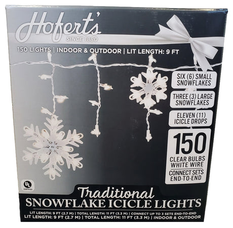 This image shows the packaging that these lights come in. The box reads "Hofert's since 1880. 150 lights. Indoor & outdoor use. Lit length is 9 ft. Features six small snowflakes, three large snowflakes and eleven icicle drops. 150 clear bulbs on a white wire. Connect sets end-to-end. Traditional snowflake icicle lights. Lit length: 9 ft. Total length: 11 ft. Connect up to 3 sets end-to-end. Indoor & outdoor use."