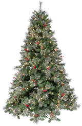 Artificial tree pre-lit with dual lights. Lights change from clear to multi-colored. The tree is decorated with red berries and white glitter.