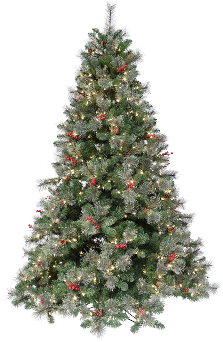 Artificial tree pre-lit with dual lights. Lights change from clear to multi-colored. The tree is decorated with red berries and white glitter.