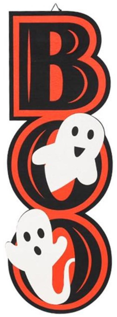 Halloween hanging decoration that reads "BOO" in big, orange and black letters. There are cute ghosts coming out of both of the Os.