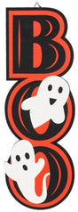 Halloween hanging decoration that reads "BOO" in big, orange and black letters. There are cute ghosts coming out of both of the Os.