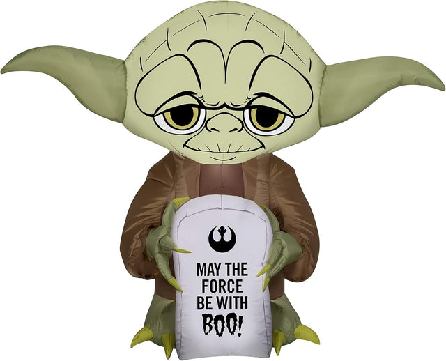 Halloween inflatable shaped like Yoda from Star Wars holding a tombstone that reads "MAY THE FORCE BE WITH BOO!" The tombstone also features the Rebel Alliance Starbird logo.