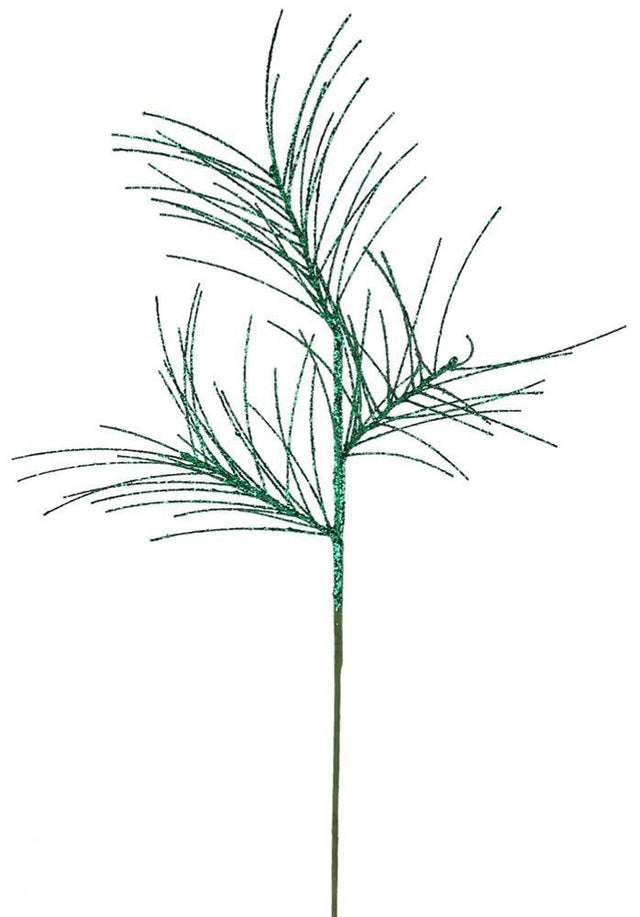 Pick spray covered in emerald green glitter and designed to look like stems made from pine needles.