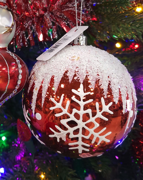 100MM Vacuum Plated Shiny Red Ball Ornament with White Glitter Snowflakes