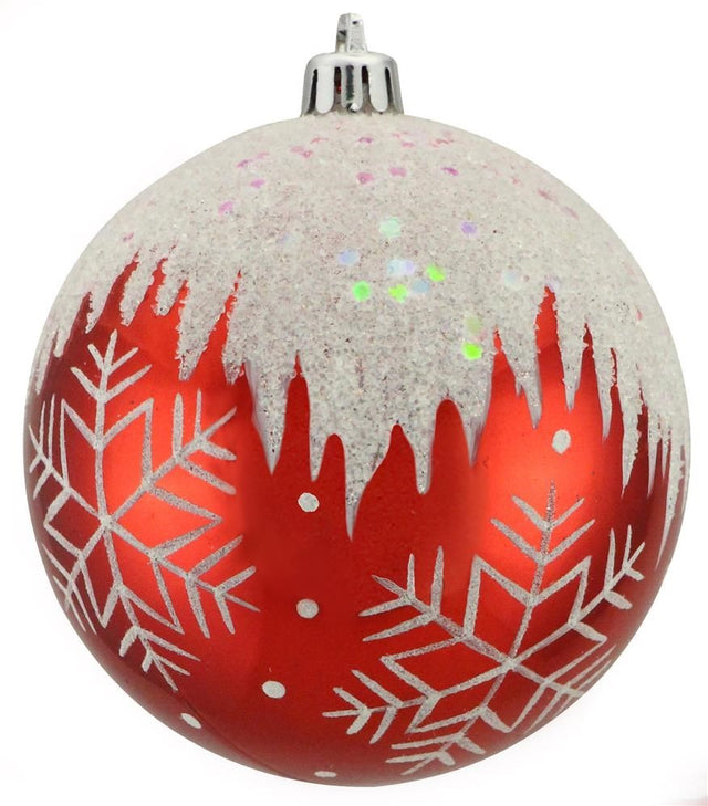 Round, red ball ornament with white glitter icicles and snowflakes.