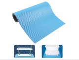 Blue, ribbed mat that goes under your pool ladder to protect it from scuffing up your pool liner. This image shows two different types of ladders with the mat underneath.