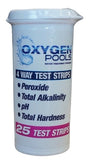 This image shows what this bottle of pool water testing strips looks like on a white background. It reads "Oxygen Pools. 4 way test strips: peroxide, total alkalinity, pH and total hardness. 25 test strips."