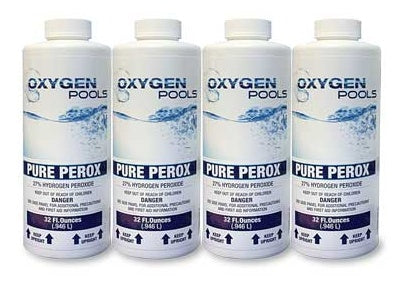 This image shows four bottles of this pool chemical on a white background.