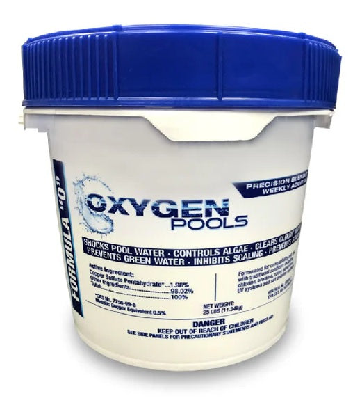 This image shows this 25 pound pail of pool chemicals. The pail reads "Oxygen Pools. Shocks pool water. Controls algae. Prevents green water. Inhibits scaling."