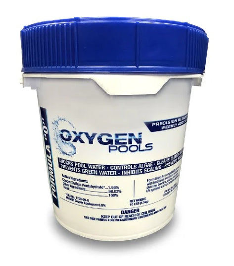 This image shows this 10 pound pail of pool chemicals. The pail reads "Oxygen Pools. Shocks pool water. Controls algae. Prevents green water. Inhibits scaling."