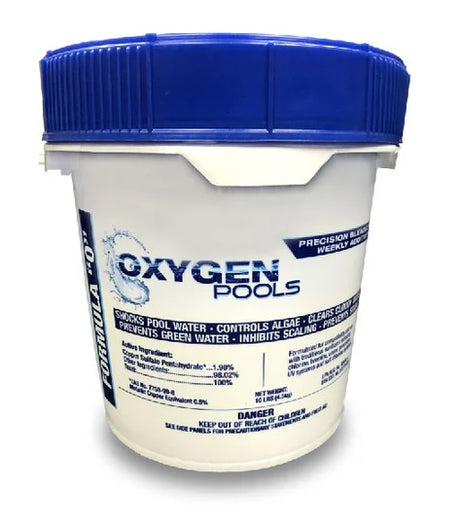 This image shows this 10 pound pail of pool chemicals. The pail reads "Oxygen Pools. Shocks pool water. Controls algae. Prevents green water. Inhibits scaling."