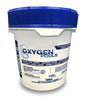 This image shows this 10 pound pail of pool chemicals. The pail reads "Oxygen Pools. Shocks pool water. Controls algae. Prevents green water. Inhibits scaling."