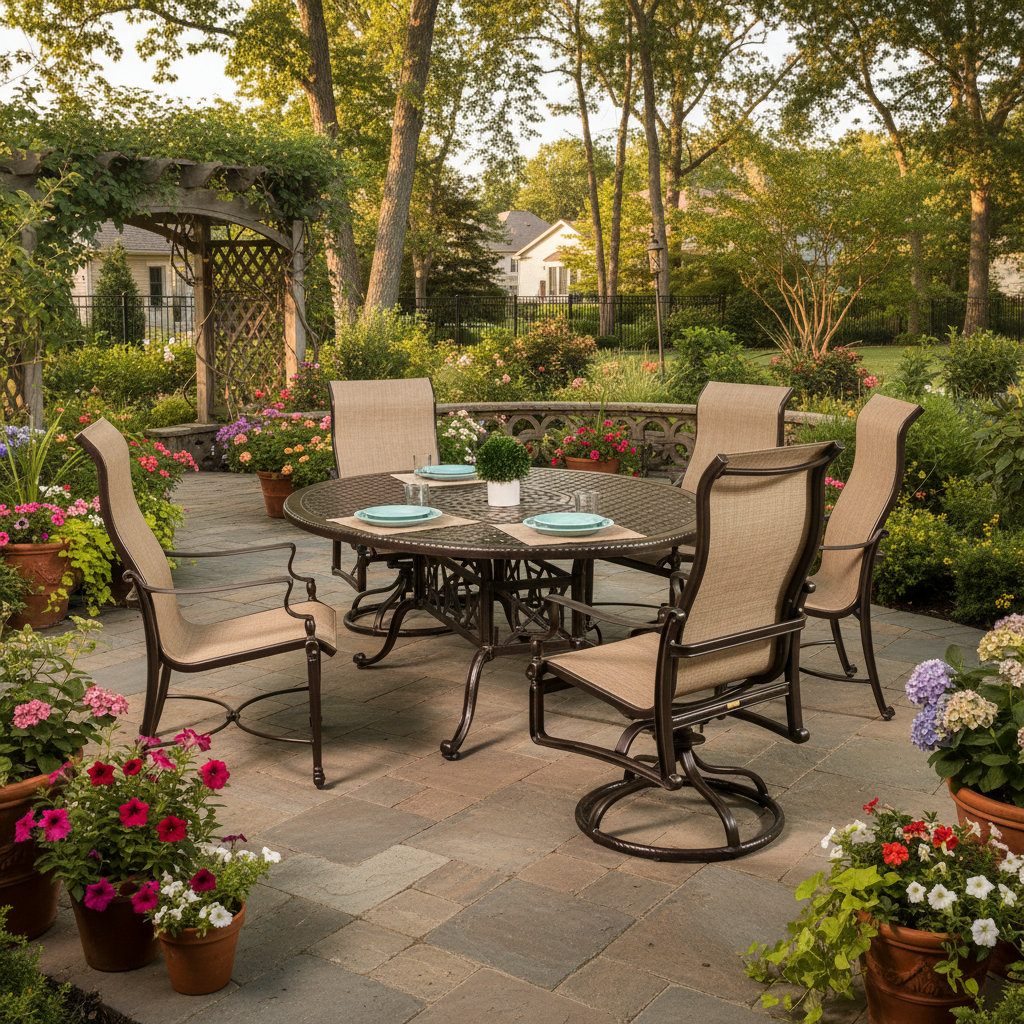 This is a lifestyle image showing this sling patio dining set on a brick patio surrounded by potted plants.
