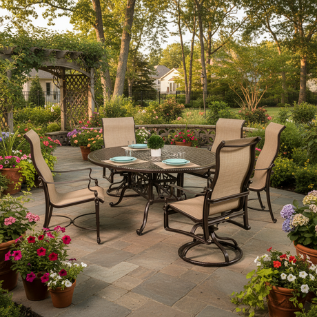 This is a lifestyle image showing this sling patio dining set on a brick patio surrounded by potted plants.