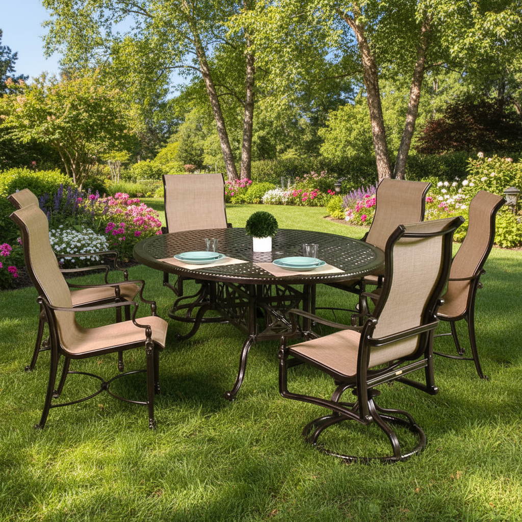 This is a lifestyle image showing this aluminum dining set with sling fabric backs in a grassy backyard on a sunny day.