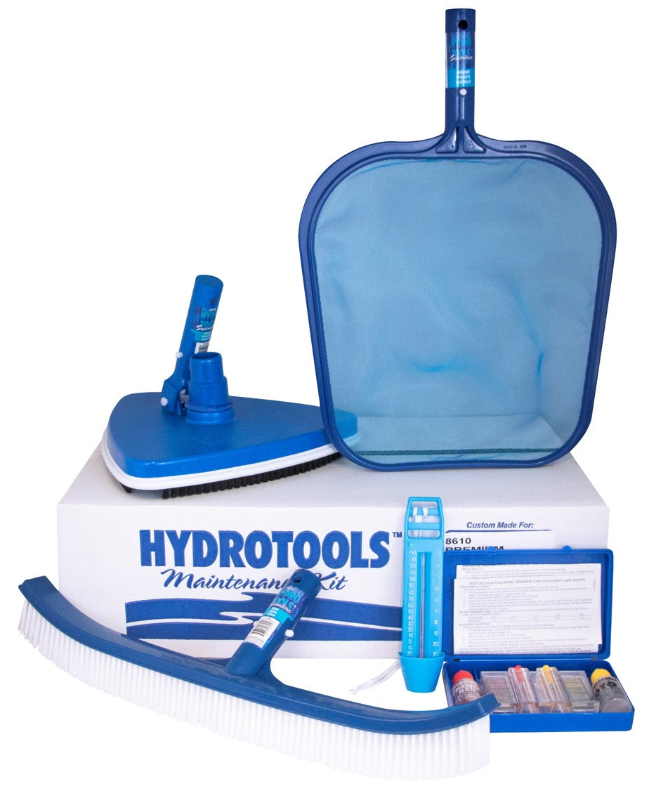 This image shows what's included in this pool cleaning kit. It comes with a 35' Vacuum Hose with swivel cuff, a hand Skimmer Head, pH test Strips, a Weighted Vacuum Head, a thermometer and a Wall Brush.