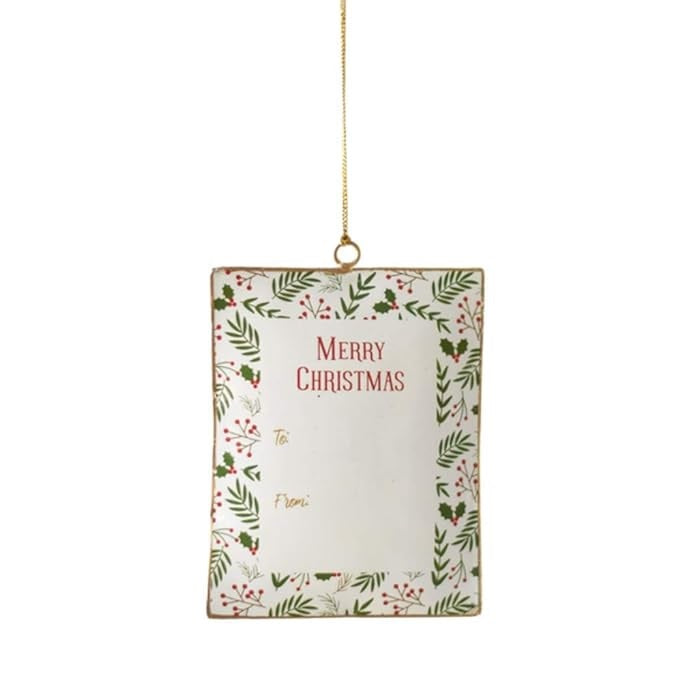 Decorative Christmas ornament. This one is white and reads "Merry Christmas" and it features a TO line and a FROM line with a border of holly leaves and berries.