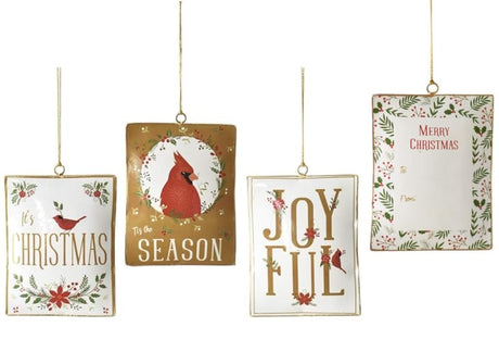 One is white and features a cardinal, some poinsettias and some holly leaves and reads "It's Christmas" and has a gold border. One is gold and features a cardinal surrounded by holly leaves and berries and reads "Tis the Season." One is white and reads "Joyful" with each letter featuring a small detail like a flower, a poinsettia, holly leaves and berries and a cardinal. One is white and reads "Merry Christmas" and it features a TO line and a FROM line with a border of holly leaves and berries.