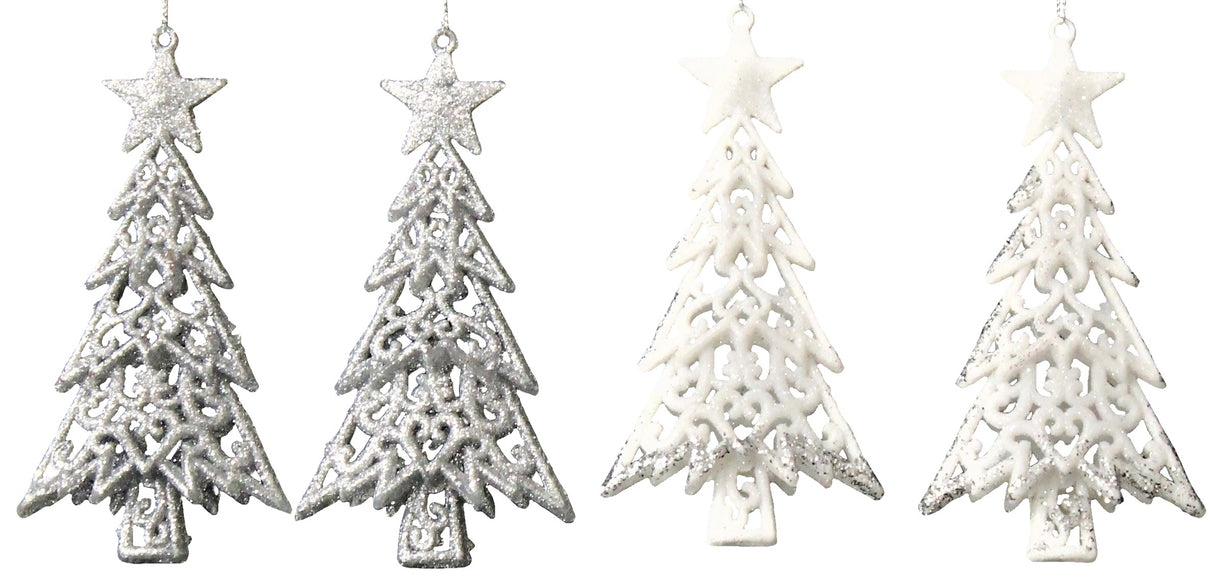 2-Pack of Shatterproof Glitter Tree Shaped Ornaments (Silver/White)