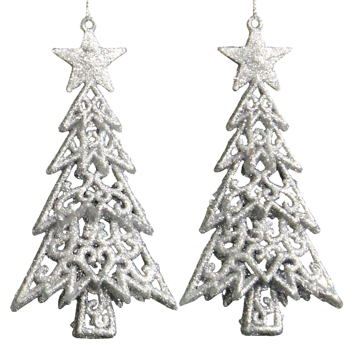 2-Pack of Shatterproof Glitter Tree Shaped Ornaments (Silver/White)