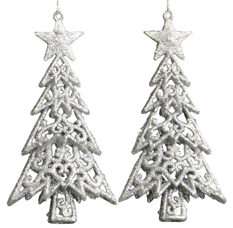 2-Pack of Shatterproof Glitter Tree Shaped Ornaments (Silver/White)
