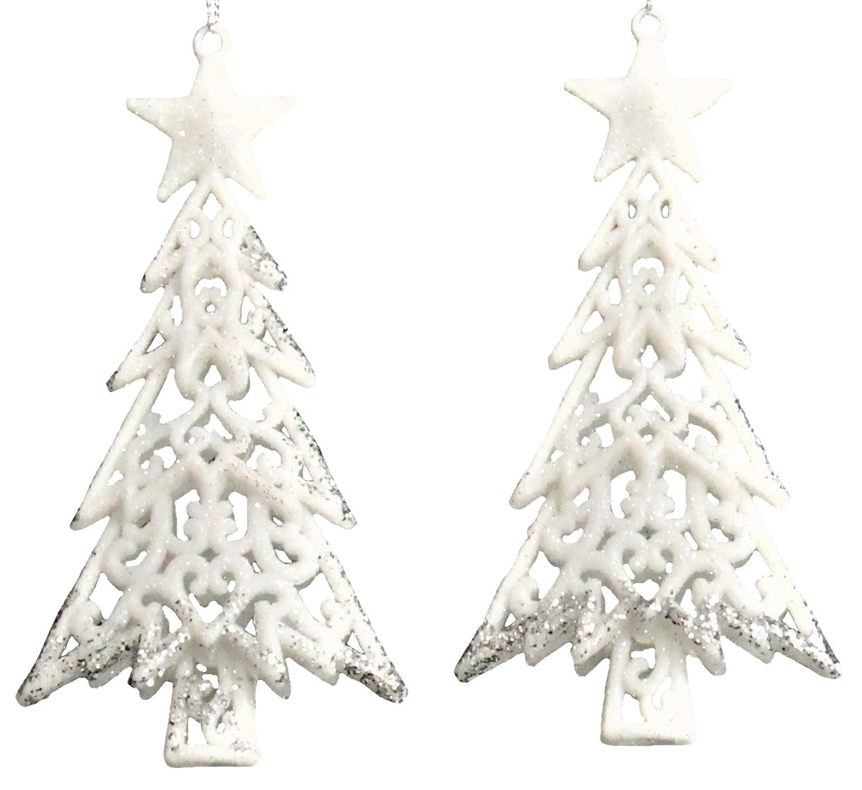 2-Pack of Shatterproof Glitter Tree Shaped Ornaments (Silver/White)