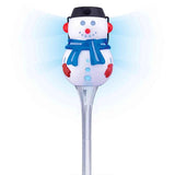 This image shows the snowman pathway light on a white background. The snowman has two eyes, a red nose, a smile, a blue scarf, red earmuffs and red gloves. The LED light inside is blue.