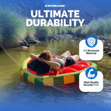This is a lifestyle image showing a woman resting on this float in a river. It reads "Swimline. Ultimate durability. UV resistant material. High-quality durable PVC."