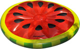 This image shows the watermelon float on a white background. The rim of the float is a lime green and a green color. The inside of the float is a reddish pink color with black "seeds."