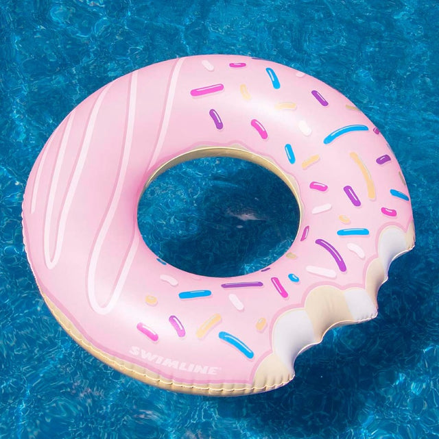 Double-bit, donut-shaped inner tube with pink frosting and a sprinkled design.