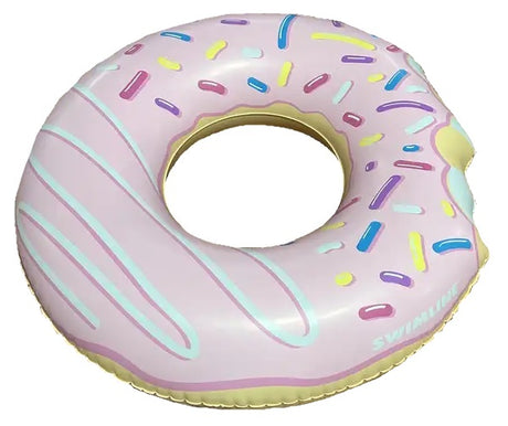 Double-bit, donut-shaped inner tube with pink frosting and a sprinkled design.