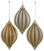 Finial-shaped ornaments featuring a vertical texture finished in glitter in varying, corresponding shades of gold.