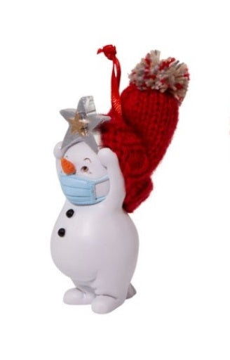 Snowmen Wearing Mask Holding Heart and Star Ornament