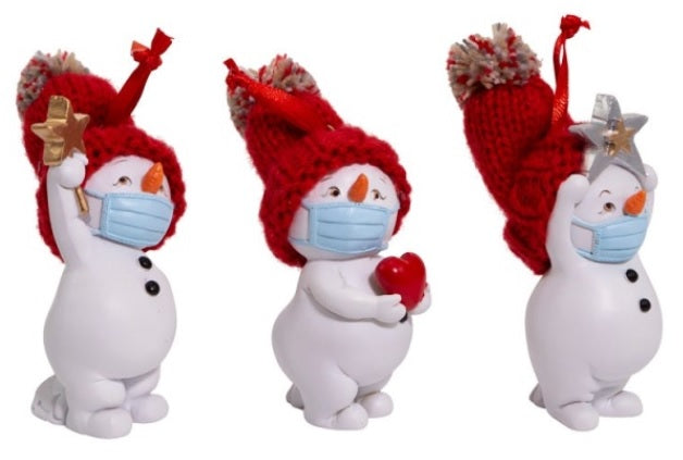 Snowmen Wearing Mask Holding Heart and Star Ornament