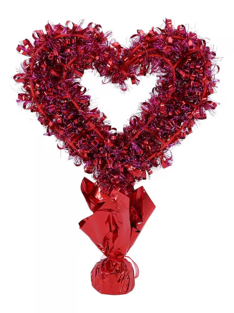 Tinsel tabletop decoration shaped like a heart.