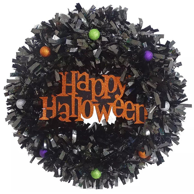 Black tinsel wreath that reads "Happy Halloween."
