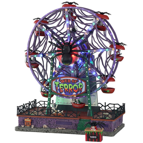 Polyresin carnival ride for a Lemax Spooky Town display. It's a Ferris Wheel that is spider themed. The sign reads "WEB OF TERROR." The pods on the Ferris Wheel are shaped like apples and have a spider on the top of each of them. There's a huge spider in the center of the wheel.