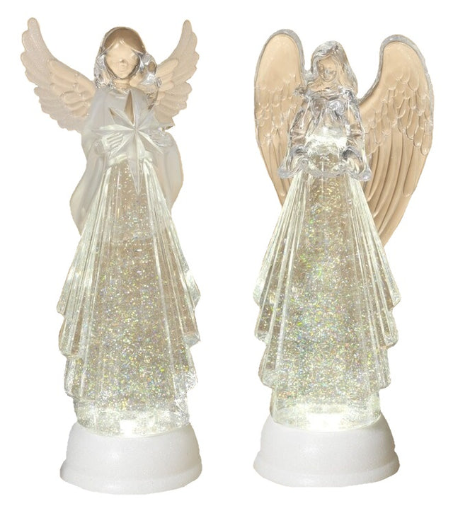 Lighted angel decoration with swirling glitter inside. This picture shows both of the options available.