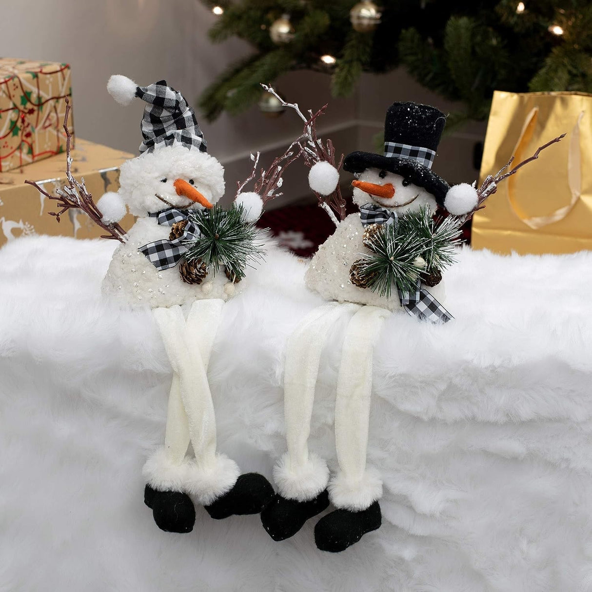 Buffalo Check Dangle Leg Snowman Shelf Sitter