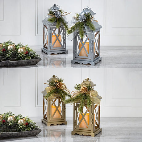 Set of 2 Battery Operated Lighted Christmas Holiday Lanterns with Floral Accents and Timer