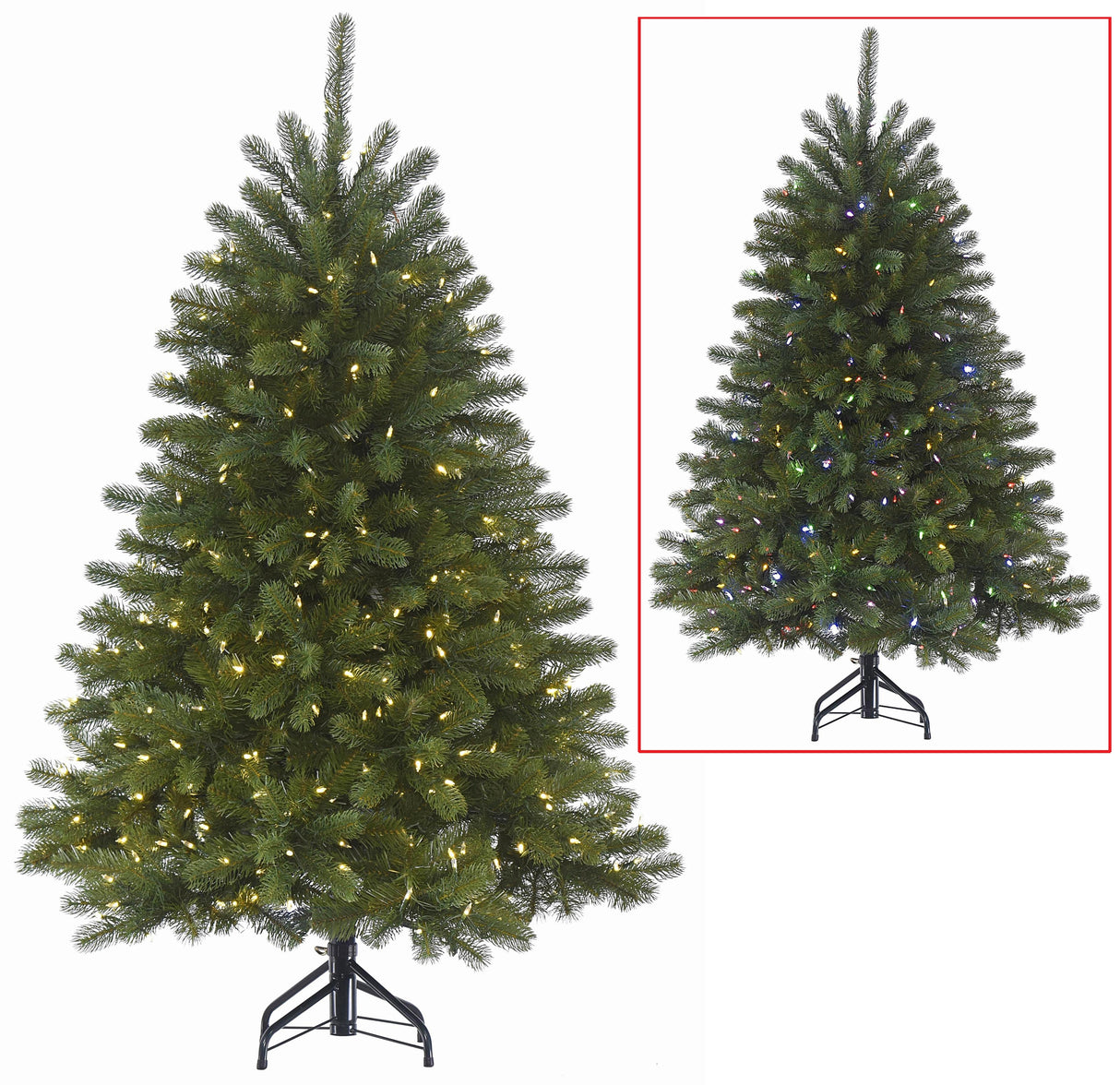 Artificial tree pre-lit with dual lights. Lights change from warm white to multi-colored.