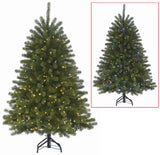 Artificial tree pre-lit with dual lights. Lights change from warm white to multi-colored.