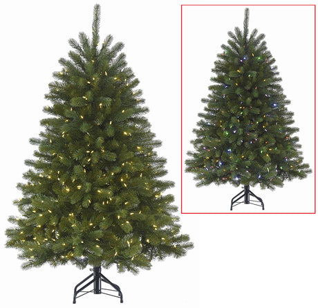 Artificial tree pre-lit with dual lights. Lights change from warm white to multi-colored.