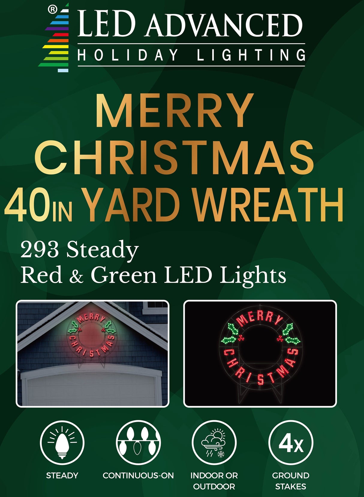 Outdoor LED decoration that reads "Merry Christmas." The text is red. There are green holly leaves and red berries.