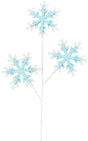 Pick spray designed to look like it has three glitter snowflakes. The snowflakes are white and light blue glitter.