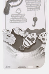 This image shows the back of the packaging for this pool toy. It reads "Catch fish by inserting the hook through the opening on it's mouth or claw. Then, slowly reel the fish in toward you. Catch all four fish. Play again and again!"