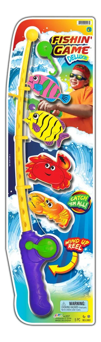 This image shows what the packaging for this pool toy looks like. It comes with a fake fishing rod and four fish.