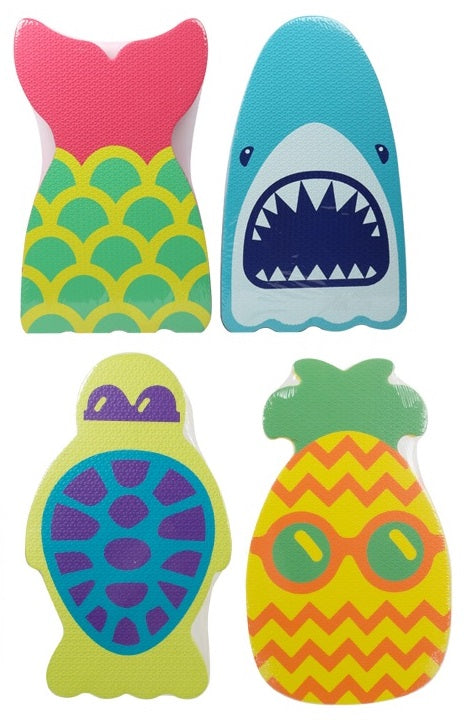 Kickboard for the pool. There are four different options. One board looks like a mermaid tail; colors: Pink, Yellow and Green. One board looks like a shark; colors: Light Blue, Dark Blue and White. One board looks like a turtle; colors: Lime Green, Purple and Blue. One board looks like a pineapple wearing sunglasses; colors: Green, Yellow and Orange.