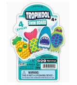 Kickboard for the pool. There are four different options. One board looks like a mermaid tail; colors: Pink, Yellow and Green. One board looks like a shark; colors: Light Blue, Dark Blue and White. One board looks like a turtle; colors: Lime Green, Purple and Blue. One board looks like a pineapple wearing sunglasses; colors: Green, Yellow and Orange. This shows the TropiKool logo.