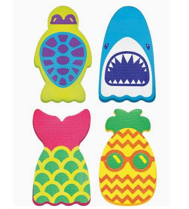Kickboard for the pool. There are four different options. One board looks like a mermaid tail; colors: Pink, Yellow and Green. One board looks like a shark; colors: Light Blue, Dark Blue and White. One board looks like a turtle; colors: Lime Green, Purple and Blue. One board looks like a pineapple wearing sunglasses; colors: Green, Yellow and Orange.